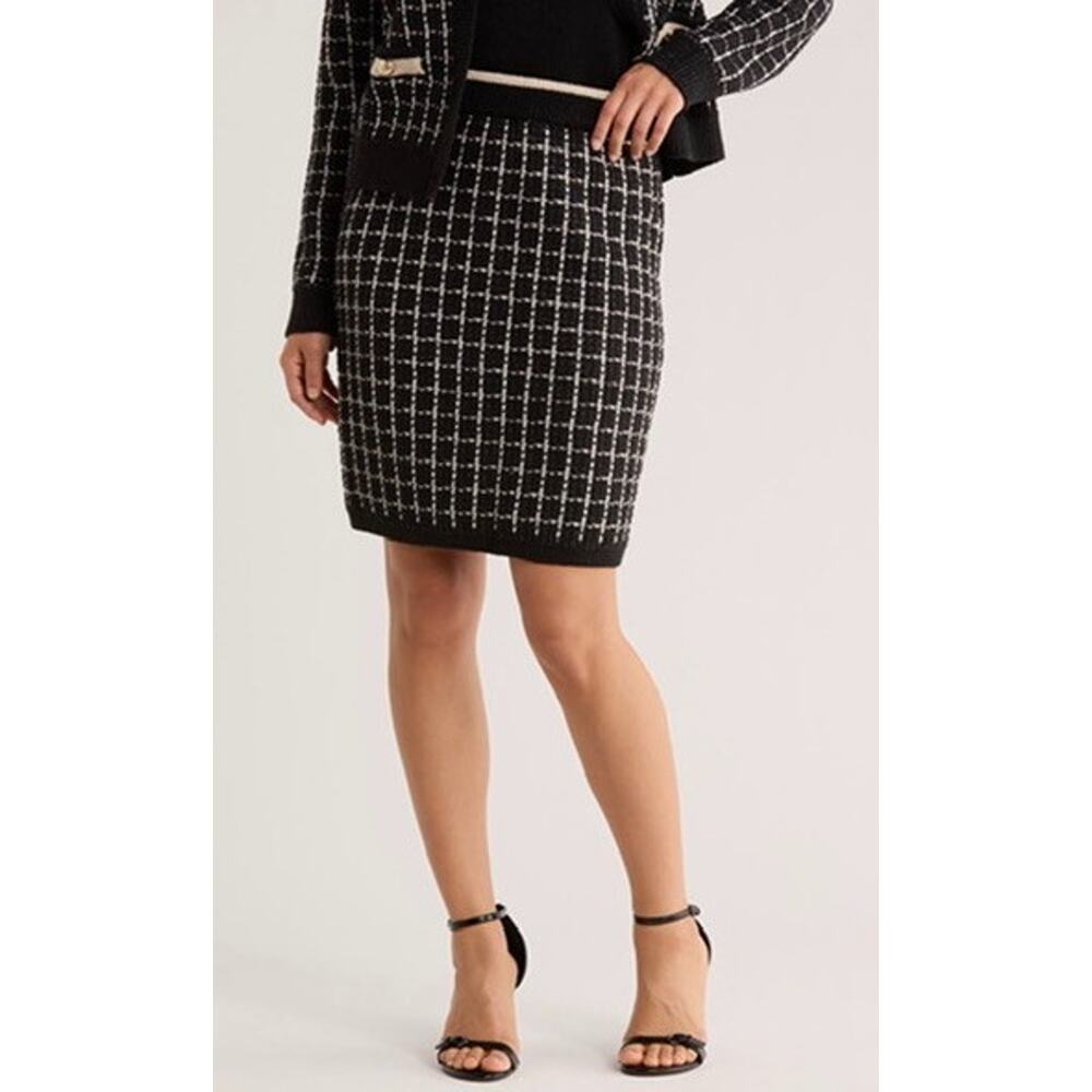New Ellen Tracy Skirt XL Black White Plaid Knit Stitch Pull On Straight Pencil